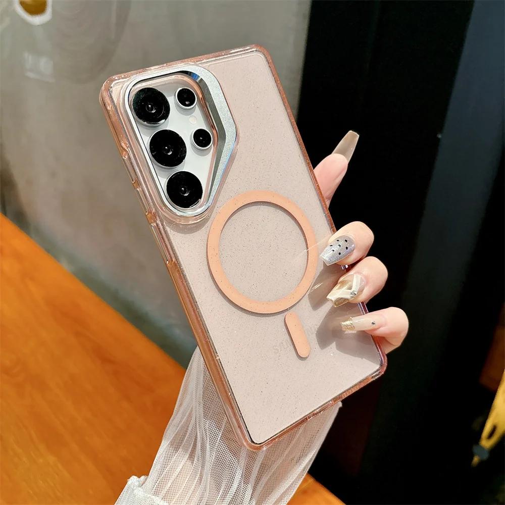 Metal Lens Stand for Magsafe Magnetic Phone Case for Samsung Galaxy S26 S25 S22 Ultra S23 FE S24 Plus Bling Glitter Clear Cover