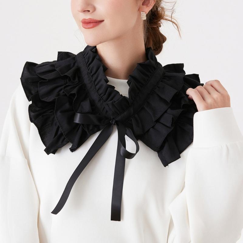 Elegant Gothic Victorian Layered Ruffle False Collar Choker with Ties for Women and Girls Detachable Pleated Shawl Cape