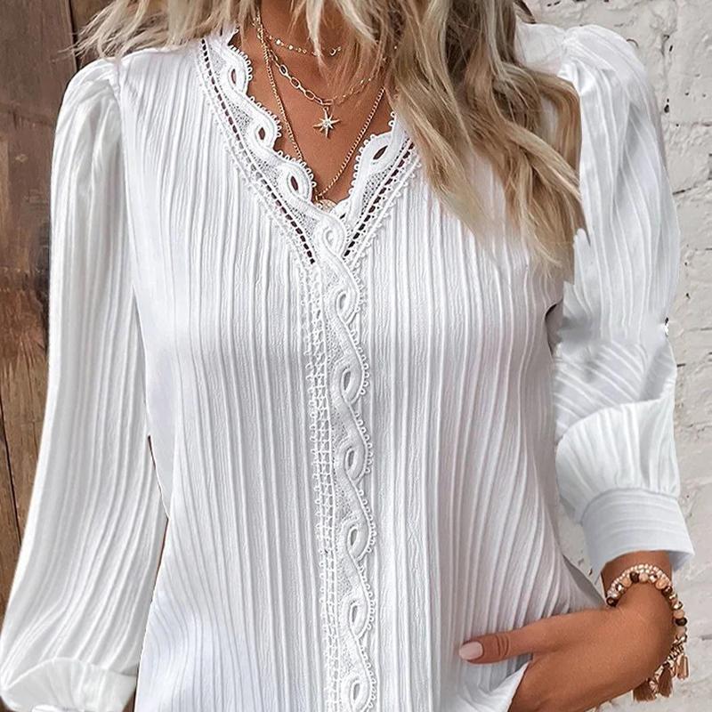 Plus Size Dame V-hals Langermet Bluse Blondekant Skjorte Høst Casual Kontorantrekk Topper