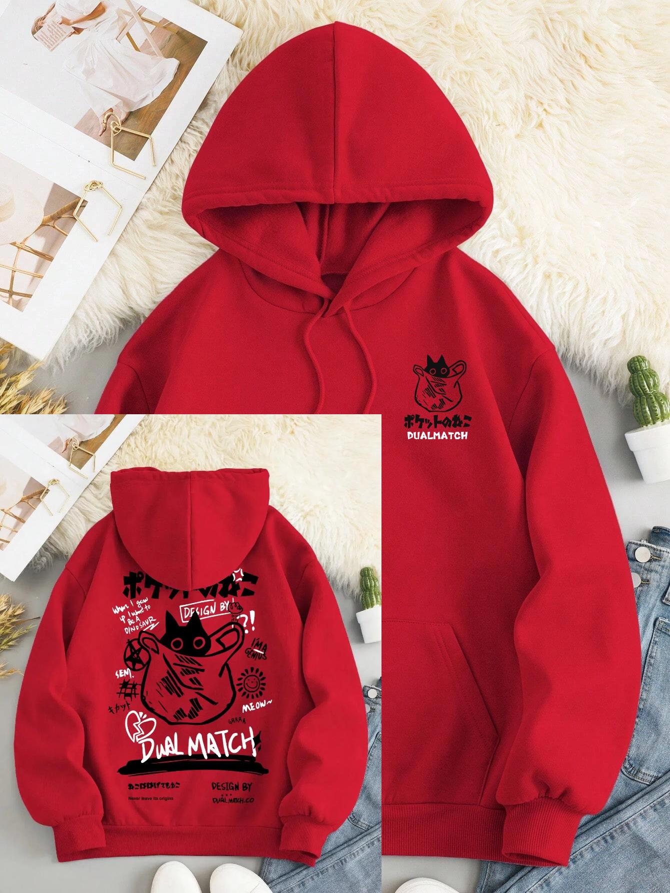 

Милый мультяшный принт с кошкой, женская толстовка Harajuku, повседневная, свободная, с капюшоном, модная, мягкая, с карманами, толстовка с капюшоном, теплая, осенняя женская одежда XL красный