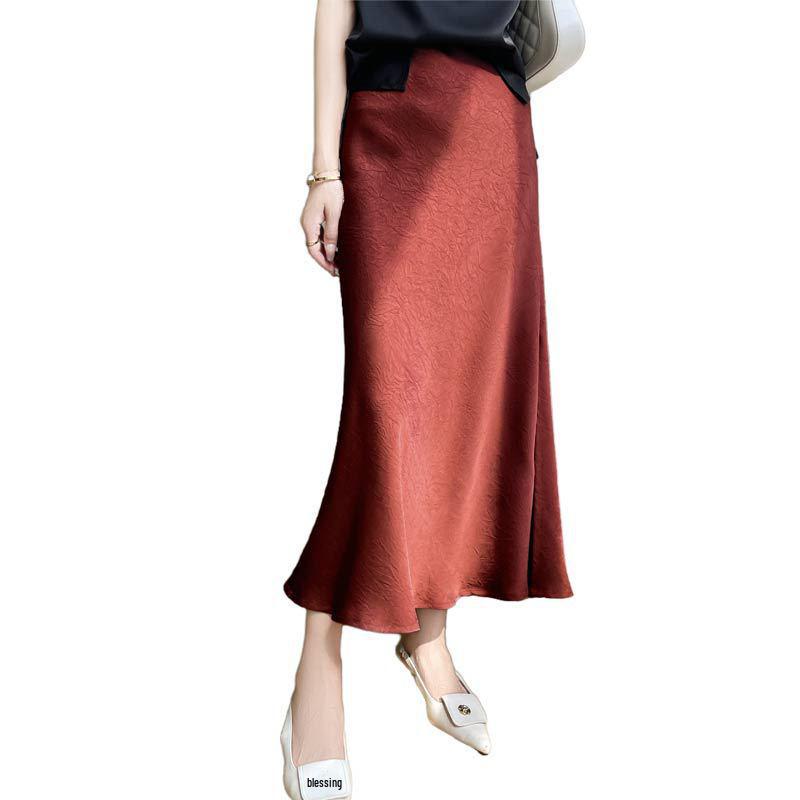 Fustă plisată din mătase de calitate superioară pentru femei, cu model coadă de pește - Vara 2024, culoare uni, talie înaltă, design cu crăpături.