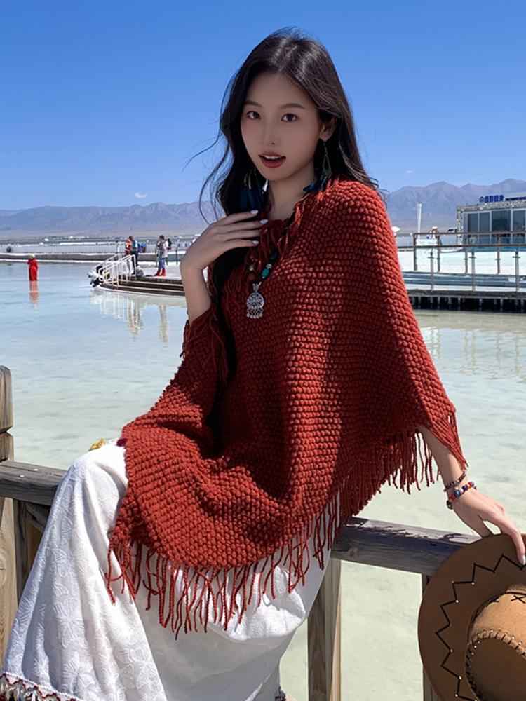 Winter Damen Schal Lagen Poncho Elegant Rote Quaste Pullover Wickel Schal Lässig Warm Schal Capa Para Mujer Pashmina Umhang Neu