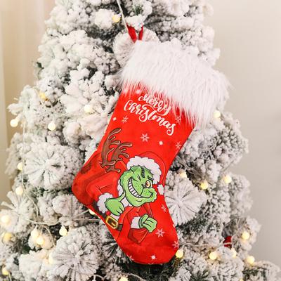 Christmas Stocking with Lanyard Large Capacity Vibrant Color Cartoon Print Xmas Tree Hanging Sock