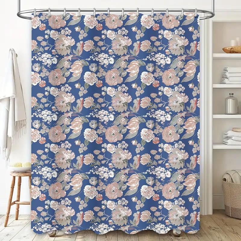 Delightful Pink Floral Shower Curtain Elegant Bath Decor for Home Decoration (Blue)