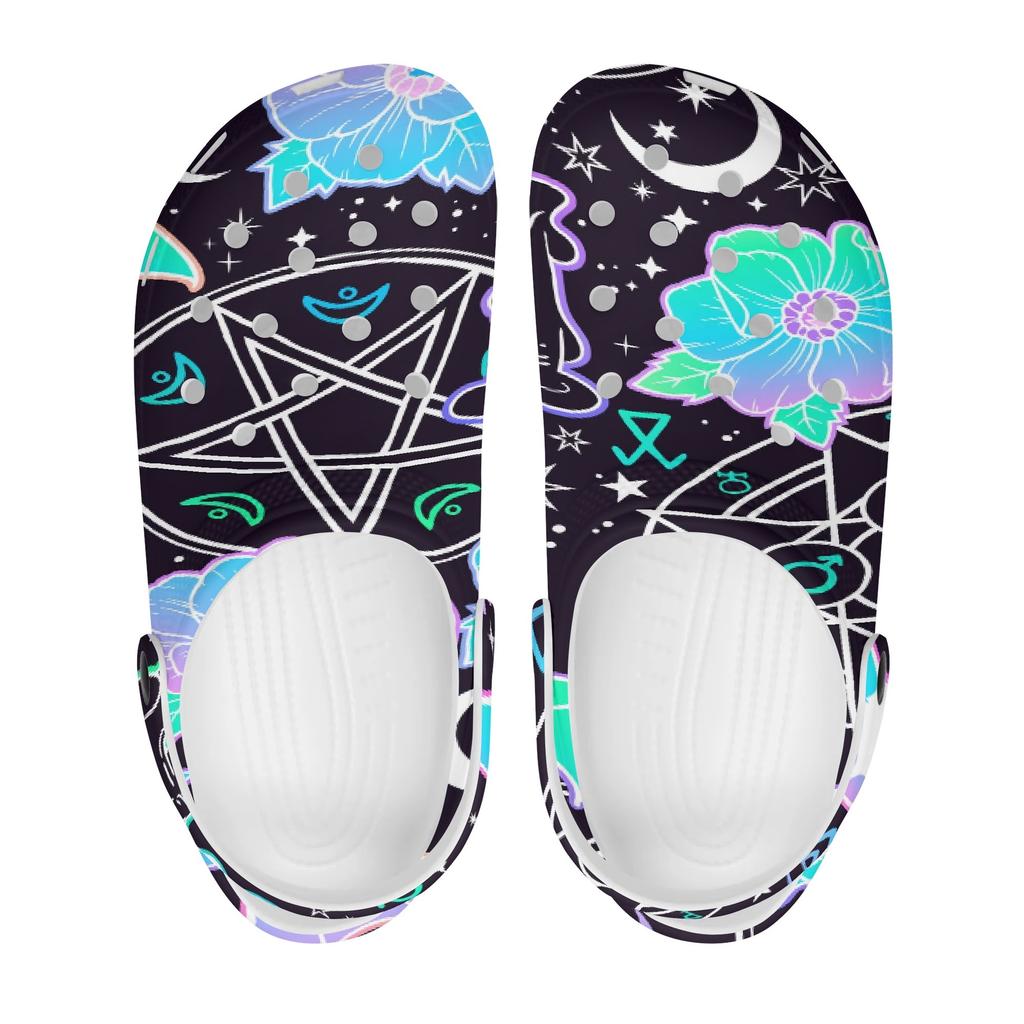 White EVA Clogs with Colorful Eye Print, Lightweight Slip On Garden Shoes, Breathable Beach Sandals, Indoor Outdoor Slippers for Men Women