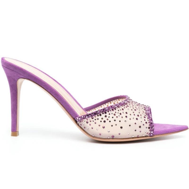 Fashion Summer Woman Thin Heel Rhinestone High Heel Slippers Fashion Open-toed Pointed End Slip-on Not Tired of Feet Stiletto