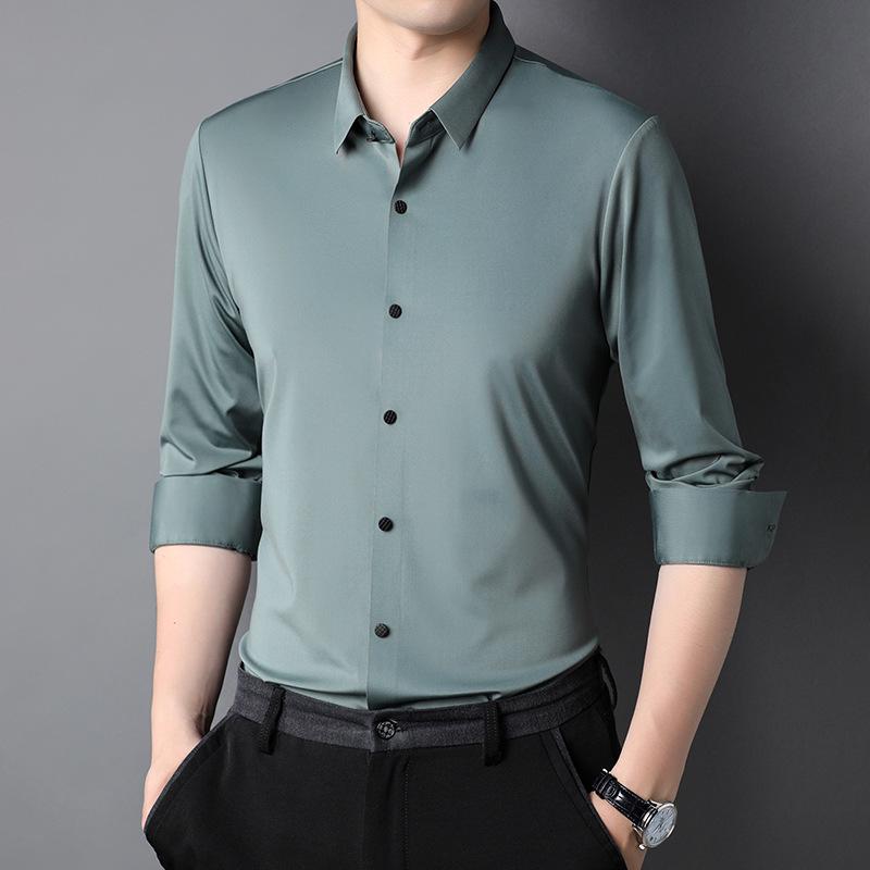 

Мужская бесшовная эластичная рубашка с длинным рукавом - Однотонная, не требующая глажки, отложной воротник, идеально подходит для деловой одежды весной и осенью. XL