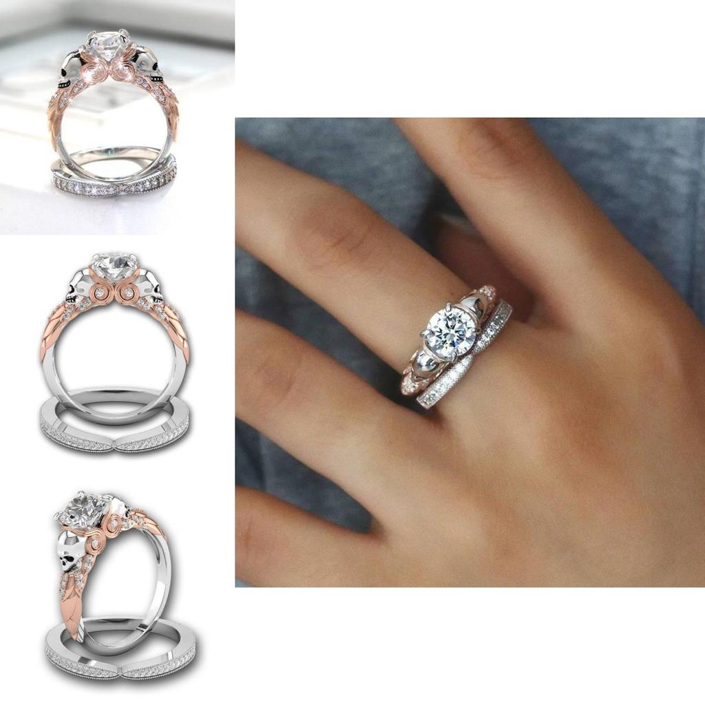 Creative Fashionable Couples Skull Ring With Dual Color Diamond Design In Alloy Material