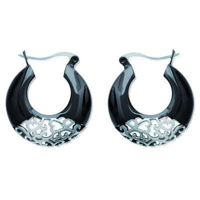 [H7363] - Black Silver 'Obao' Steel Hoop Earrings - 25 Mm