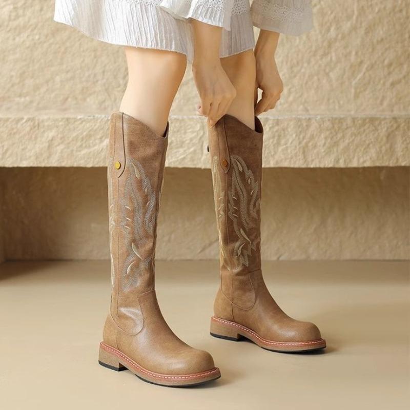 Fashion Women's Shoes Embroidered Western Cowboy Boots Autumn Pointed Toe Thick Heel High Knee Boots Woman Loose PU Leather Botas Mujer