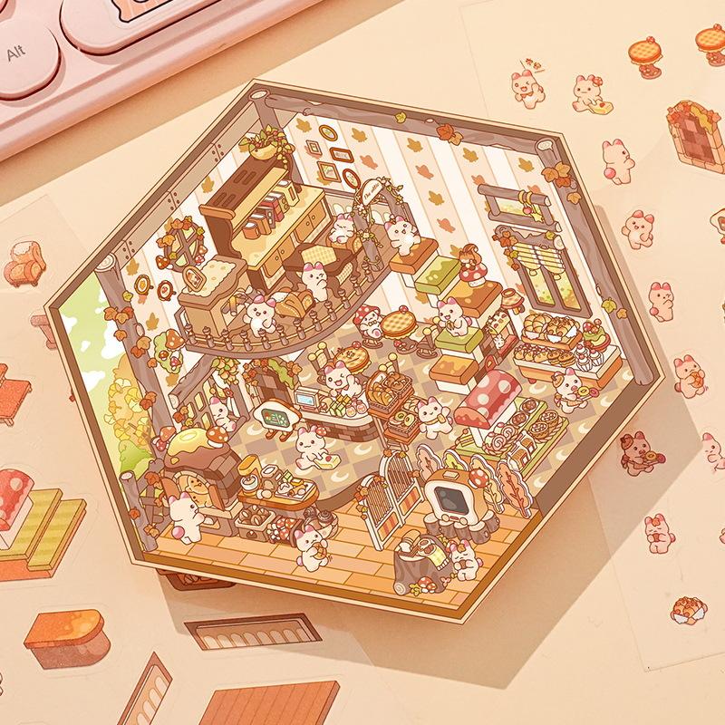 Cartoon Food Street Landscape Sticker Cabin Scene DIY Toy Game Sticker Festival Birthday Gift for Kids Girls and Children