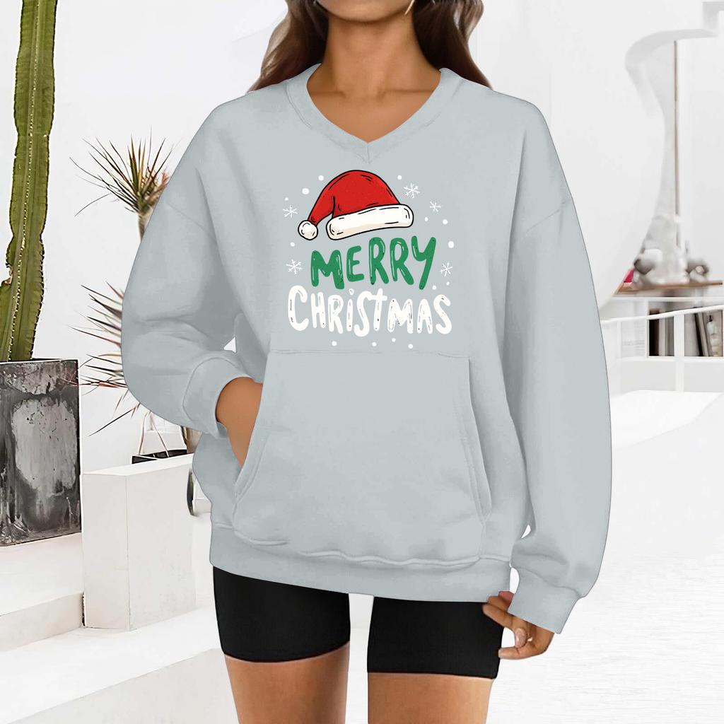 Damen Modisches Weihnachtsdruck Langarm V-Ausschnitt Sweatshirt