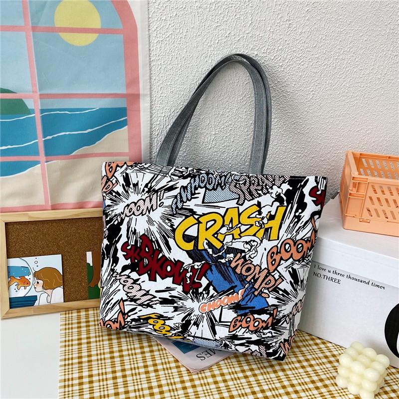 Korean Style Artistic Printed Canvas Tote Bag - Large Capacity Women's Shoulder Handbag