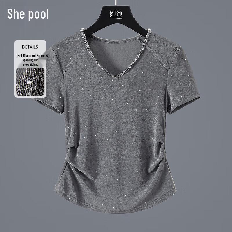 Women s Rhinestone V-Neck Slim Fit Short T-Shirt XXL