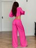European & American Women's Solid Color Long Sleeve Top & Wide Leg Pants Two-Piece Casual Set - Spring Lazy Style