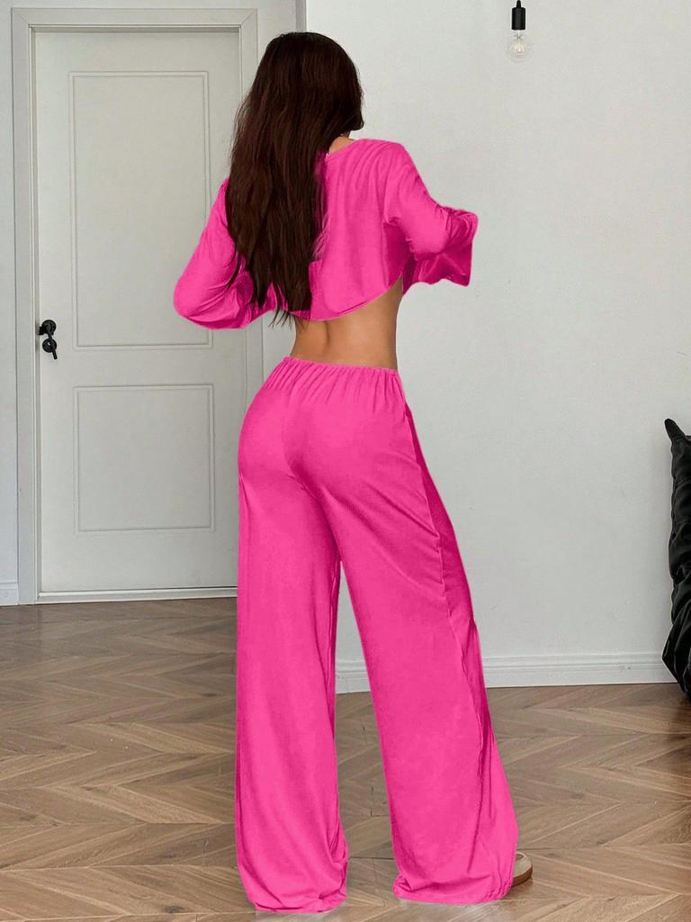 European & American Women's Solid Color Long Sleeve Top & Wide Leg Pants Two-Piece Casual Set - Spring Lazy Style
