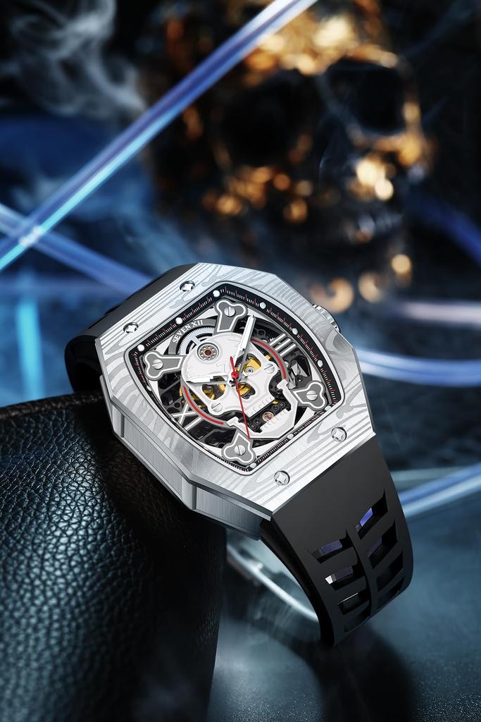 SEVEN XII Mechanical Skeleton Automatic Luminous for Gentlemen Men's Watch, Winding, Dial, Waterproof, Luxury, (White)