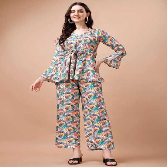 

Женский комплект с абстрактным цветочным принтом | Топ-пеплум и брюки широкого кроя XXL