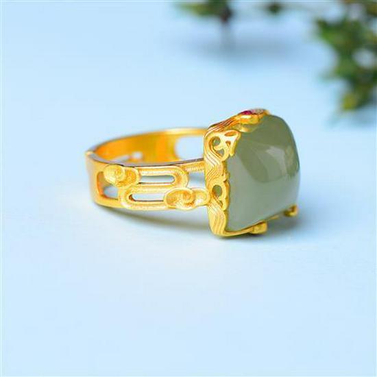 Natural Hetian Jade-Inspired Square Ring with Retro Chinese Style and Gilded Auspicious Clouds Design