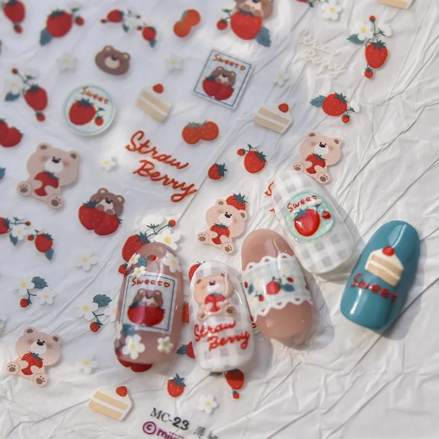 Cute Animals Bear Dog Cake Sweet Cherry Grid Bowknot Star Line Fruit Relief Self Adhesive Nail Art Stickers 5D Manicure Decals