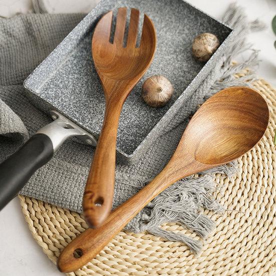 Reusable Wooden Fork Pasta Retro Salad Sushi Cooking Spoon Kitchen Utensil Tool
