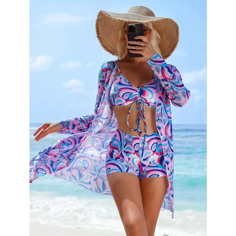 Dreiteiliger Badeanzug mit Bikini mit flachem Bein für Damen, neuer Stil mit geteiltem Oberteil und Schleife, modisches Strand- und Schwimmoutfit