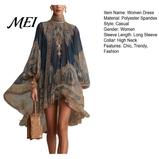 Elegant Casual Dress Boho Floral Print High Neck Irregular Chiffon Mini for Women, Lantern Sleeve Long Flowy Party Cocktail Dress, Summer Beach