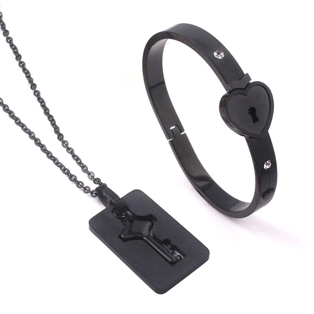 Gold Silver Heart Lock Bracelets Stainless Steel Key Pendant Necklace Women Men