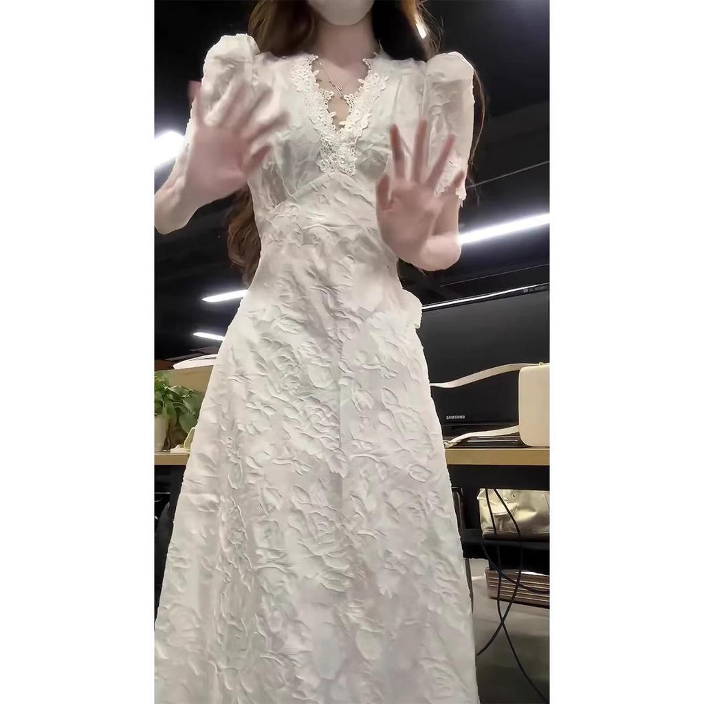 French Spicy Sweet Summer V-neck Princess Dress for Tall Women - Waist-Cinching Long Skirt