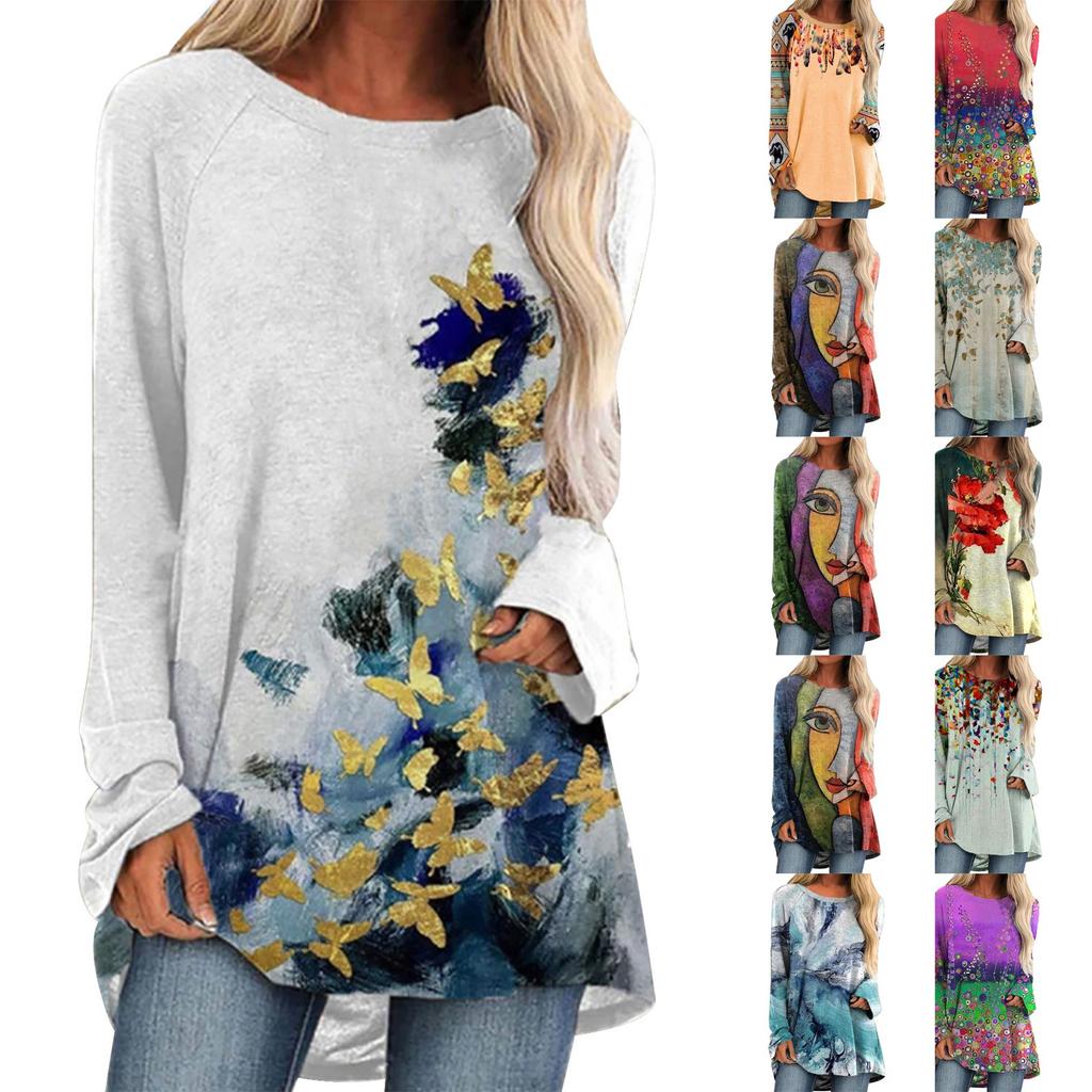 Women's Casual Fashion Creative Print Loose Round Neck Long Sleeve Tops