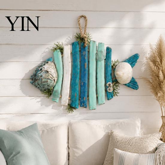 Nautical Wall Decor Lighted Wooden Fish Hanging Decor, Rustic Fishing Wood Sculpture with LED Lights, Retro Blue Art Coastal Beach Theme Farmhouse