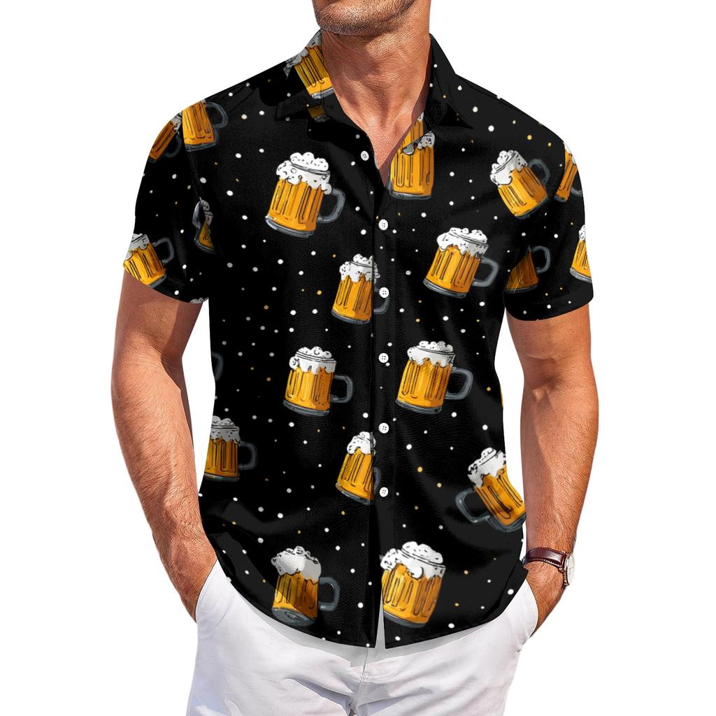 Men's Casual Short Sleeve Button Down Shirt Beer Mug Print Lightweight Breathable Fabric Relaxed Fit Summer Shirt