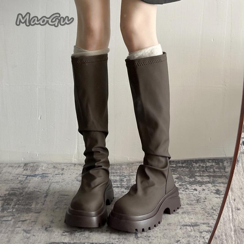 Fashion Thick Bottom Women's Pleated Long Boots Brown Modern Fashion Autumn Knee-High Platform High Boots Botas Mujer Size 35-40 Botas