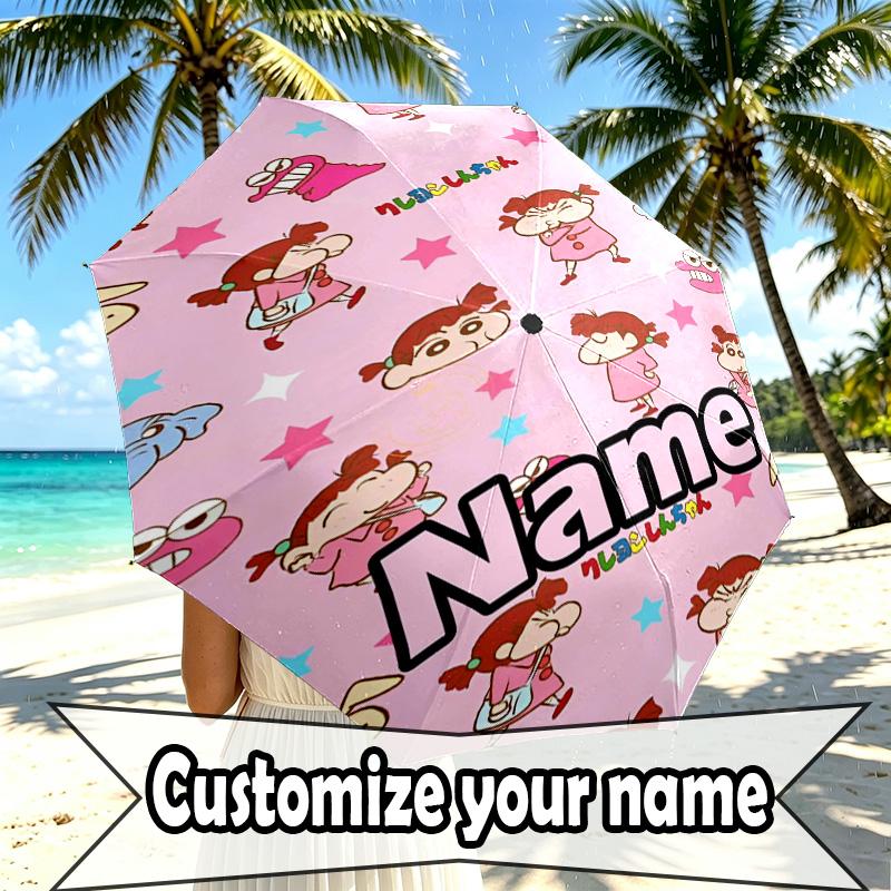 Custom Name Personalized Crayon Shin Print Umbrella, Auto Open Close, 8‑Rib Sturdy Frame, Commute Camping Hiking Use, Birthday Gift