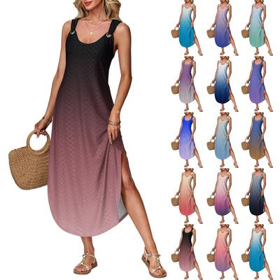 Damen Sommer langes Kleid, ärmellos mit Seitenschlitzen, langes Farbverlauf Westenkleid