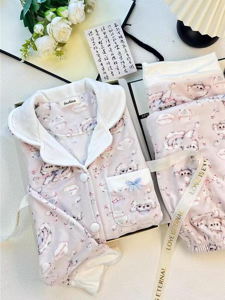 Women's Cartoon Dog Sea Island Cotton Pajama Set - Long Sleeve, Loose, Plus Size Homewear