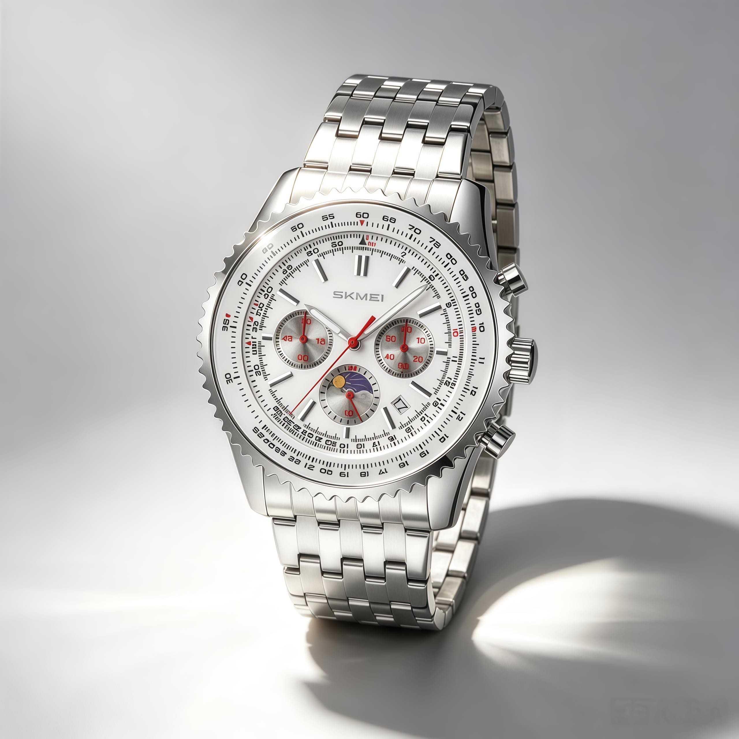 Men s Quartz Watch SKMEI Chronograph Stainless Steel 30M Waterproof 9348 серебряный