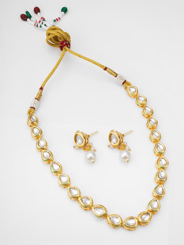 Gold-Plated White Stone-Studded & Beaded Temple Jewellery Set