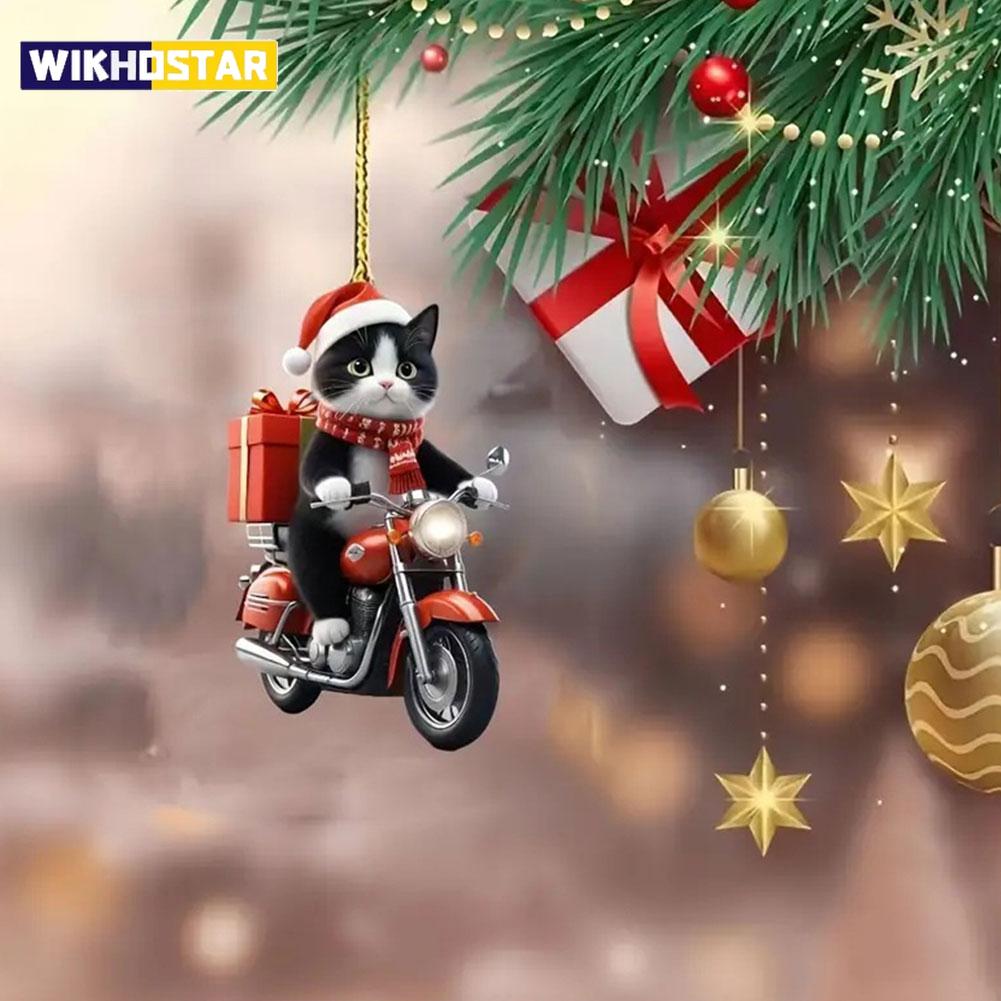 Motorcycle Cat Acrylic Hanging Decoration Christmas Tree Car 2D Flat Riding Kitten Hanging Ornament Cartoon Pendant For Christma