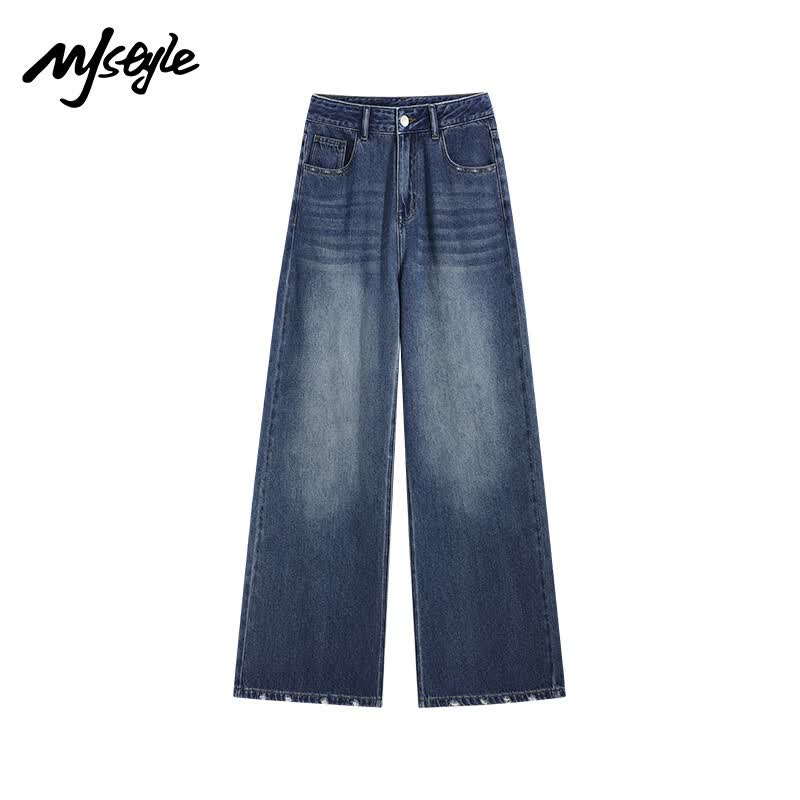 MJ STYLE High-Waist Distressed Straight-Leg Jeans L