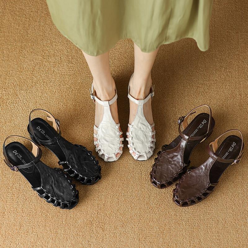 Fashion NEW Summer Women Sandals Genuine Leather Shoes for Women Round Toe Chunky Heel Shoes Elegant Cover Toe Slingback Hollow Sandals