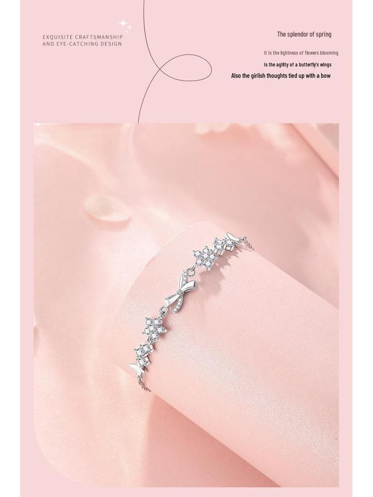 Sterling Silver 925 Floral Bow Bracelet - Exquisite Handcrafted High-End Jewelry