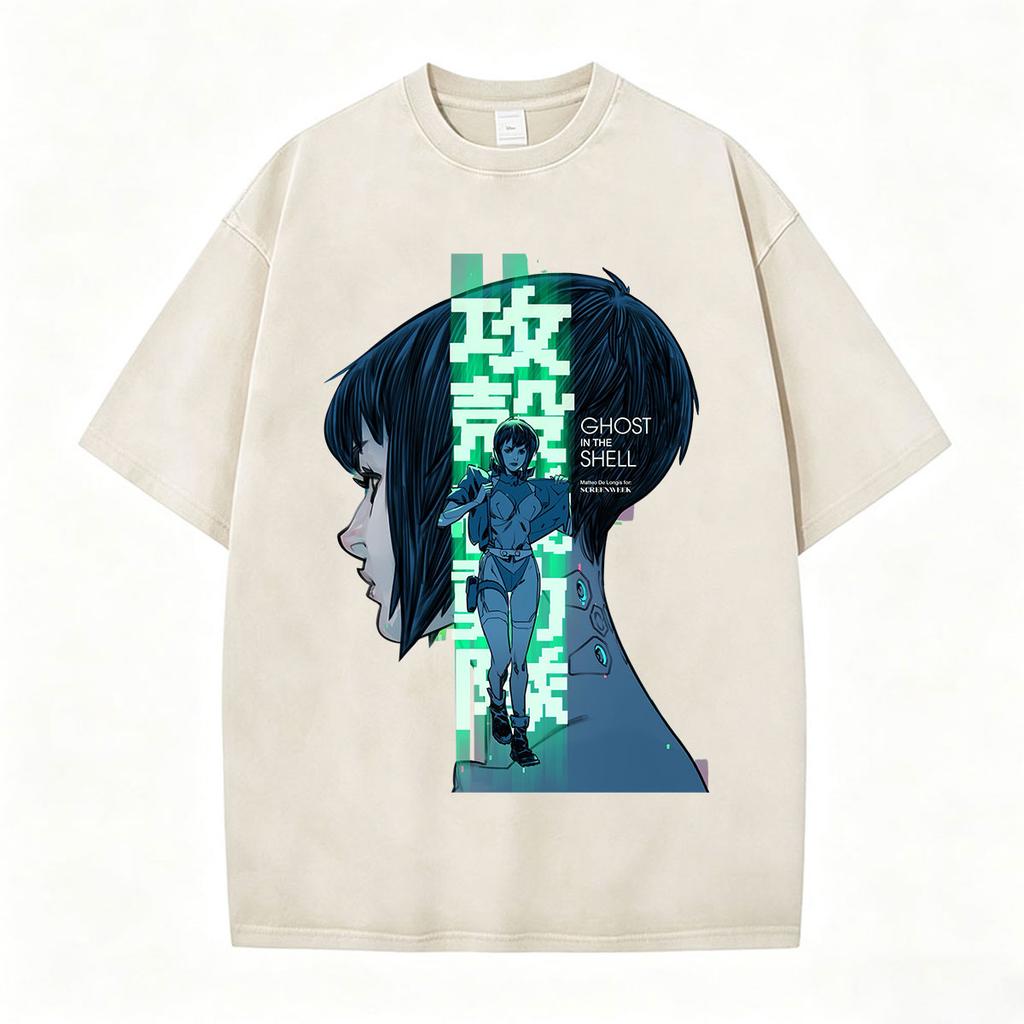 Camisetas Gráficas Vintage Lavadas de Anime Ghost in The Shell Motoko Kusanagi para Hombre y Mujer Moda Camisetas de Manga Corta Oversize