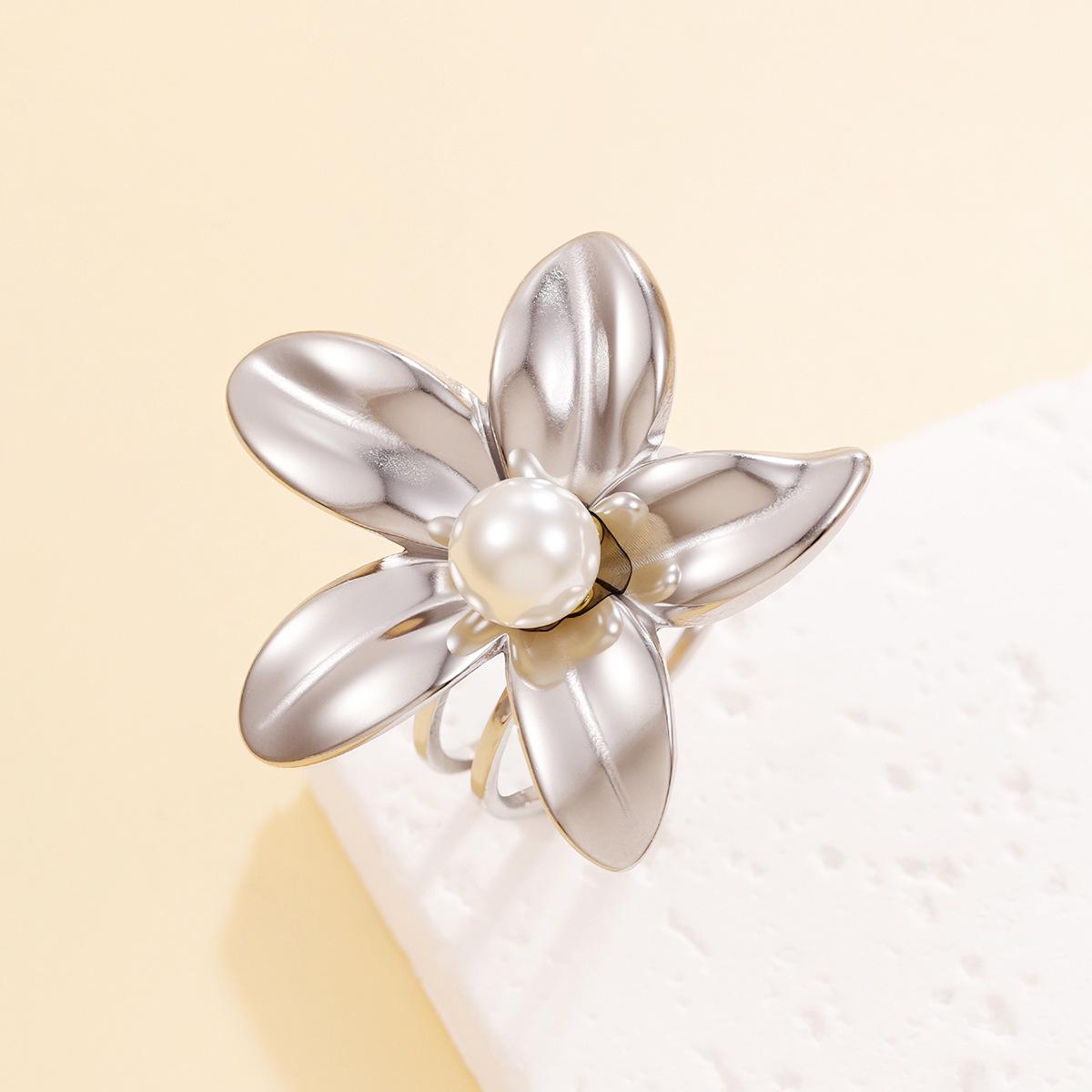 Elegant Floral Pearl Open Ring - Women s Versatile OL Style Stainless Steel Jewelry