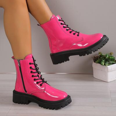 Mode Motorradstiefel Damen Pu Leder Plateau Stiefeletten Frau Herbst Winter Übergröße Schnürschuhe