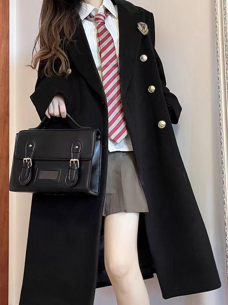 Academy-Style JK Uniform Double-Breasted Wool Coat - Black, Mid-Length, High-End Feel, Straight Shoulders, Autumn/Winter.