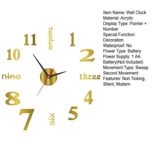 Rahmenlose Acryl 3D Wanduhr Modern Geräuschlos DIY Heim Büro Schlafzimmer Wohnzimmer Innen Digital Analog Uhr Dekoration