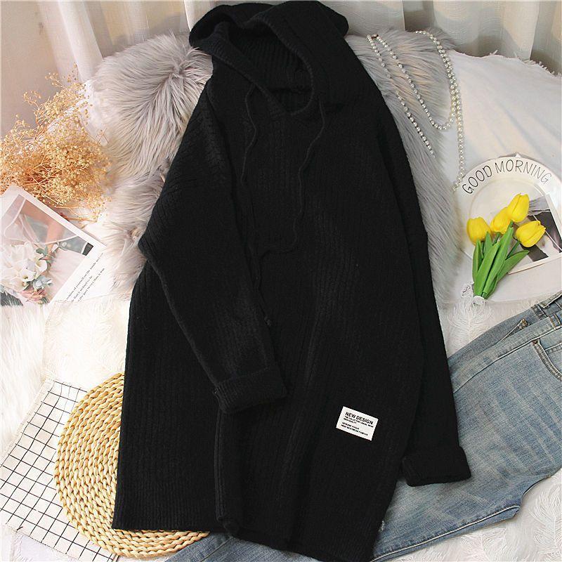WTEMPO Hooded Long Sweater Drop Shoulder Women Autumn Winter Solid Knitted Pullovers Warm Loose Casual Knitwear Hoody Jumper