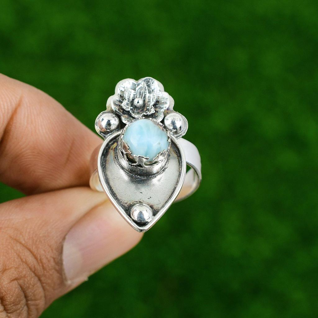 Natural Larimar Gemstone Statement Flower Adjustable Ring 925 Sterling Silver