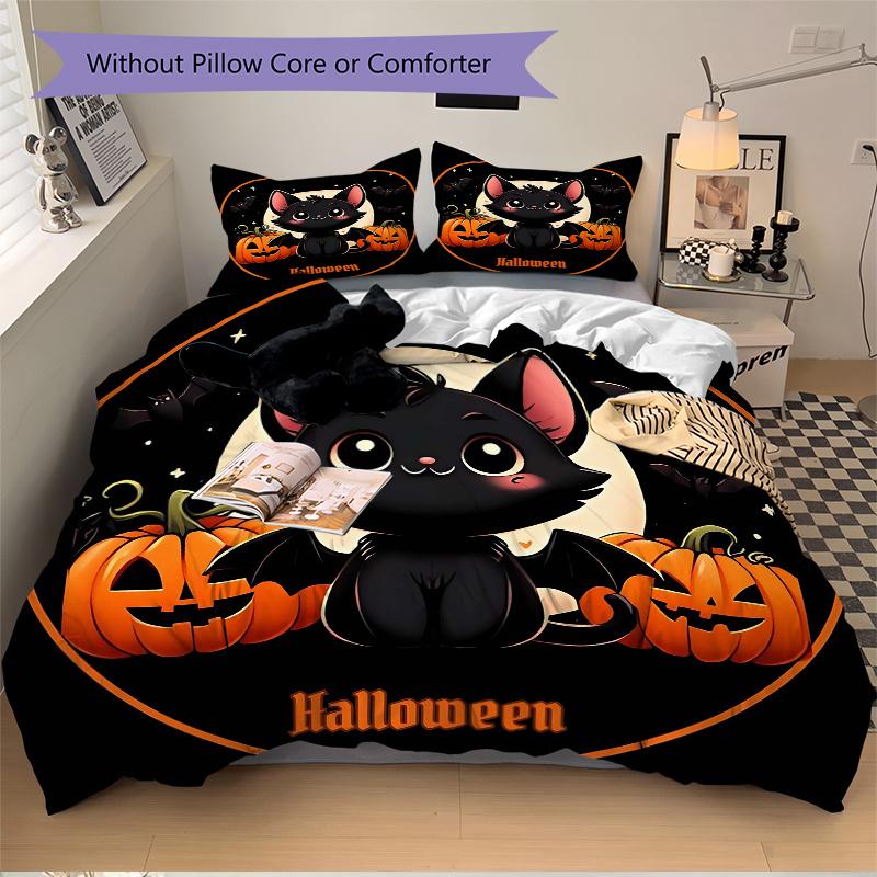 3pcs Halloween Adorable Cat Bedding Set - 1 Soft Quilt Cover + 2 Pillowcases, Machine Washable - Suitable